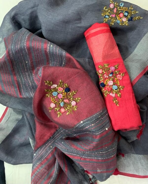 Pure 100% 120 count Aditya Birla Linen saree with Hand Embroidery work