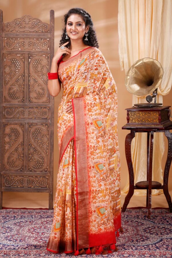 Pure 100% Linen Digital Printed Saree with Blouse Piece - Image 2