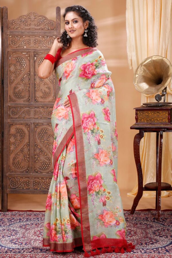Pure 100% Linen Digital Printed Saree with Blouse Piece - Image 4