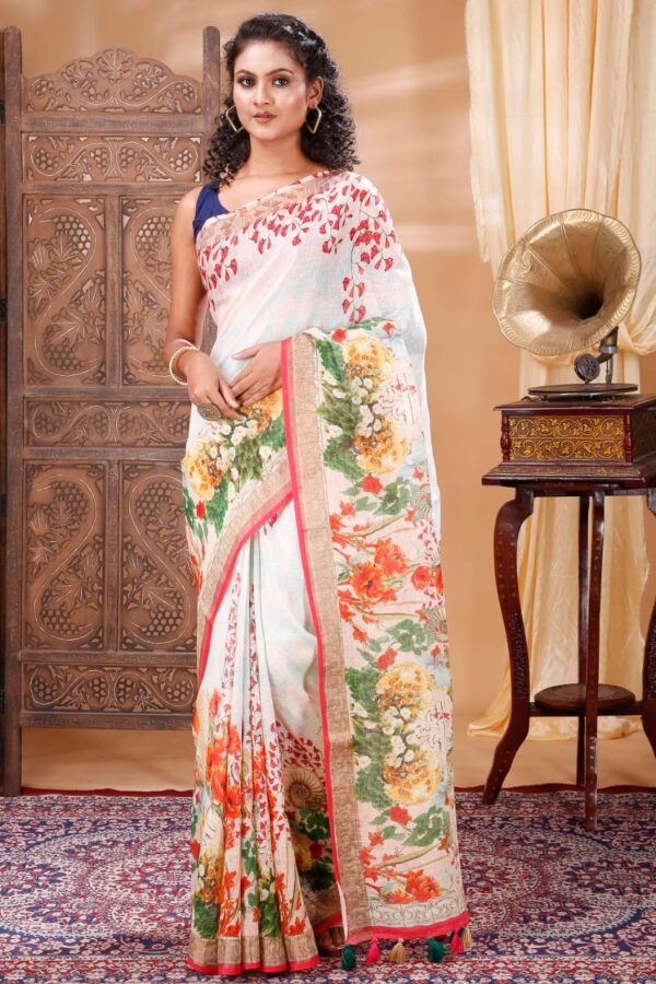 Pure 100% Linen Digital Printed Saree with Blouse Piece - Image 5
