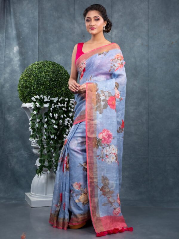 Pure 100% Linen Digital Printed Saree with Blouse Piece - Image 6