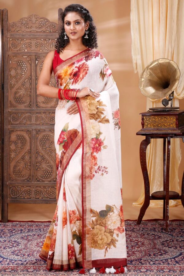 Pure 100% Linen Digital Printed Saree with Blouse Piece - Image 7