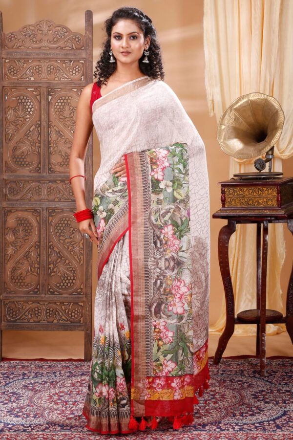 Pure 100% Linen Digital Printed Saree with Blouse Piece - Image 9