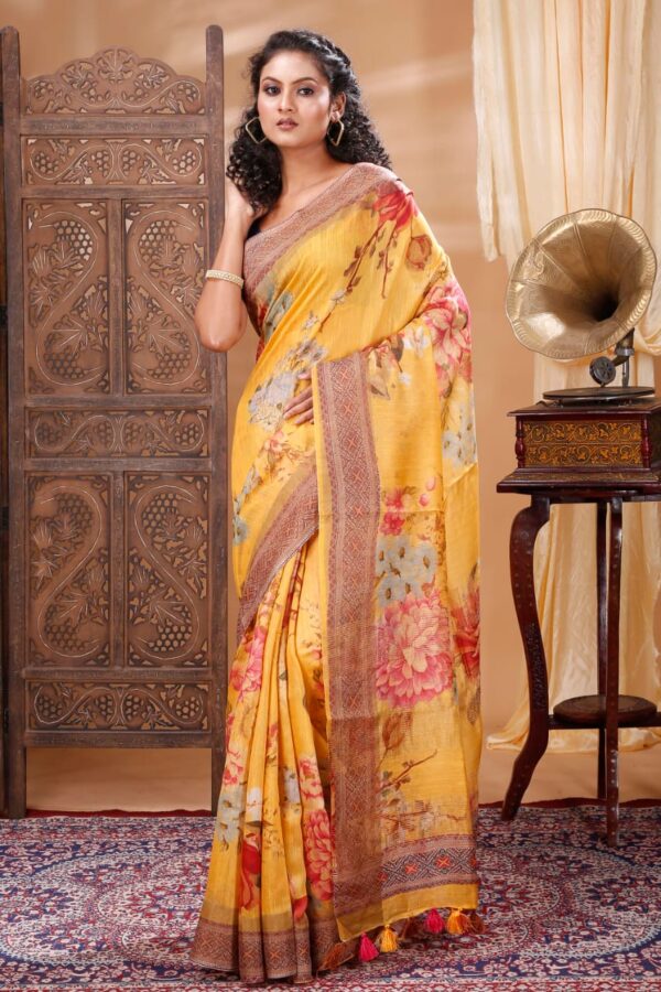 Pure 100% Linen Digital Printed Saree with Blouse Piece - Image 8