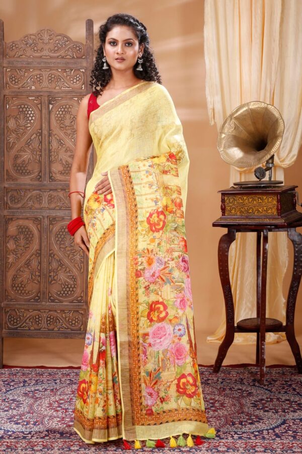 Pure 100% Linen Digital Printed Saree with Blouse Piece - Image 10
