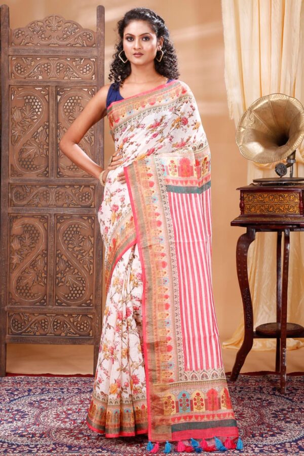 Pure 100% Linen Digital Printed Saree with Blouse Piece - Image 11