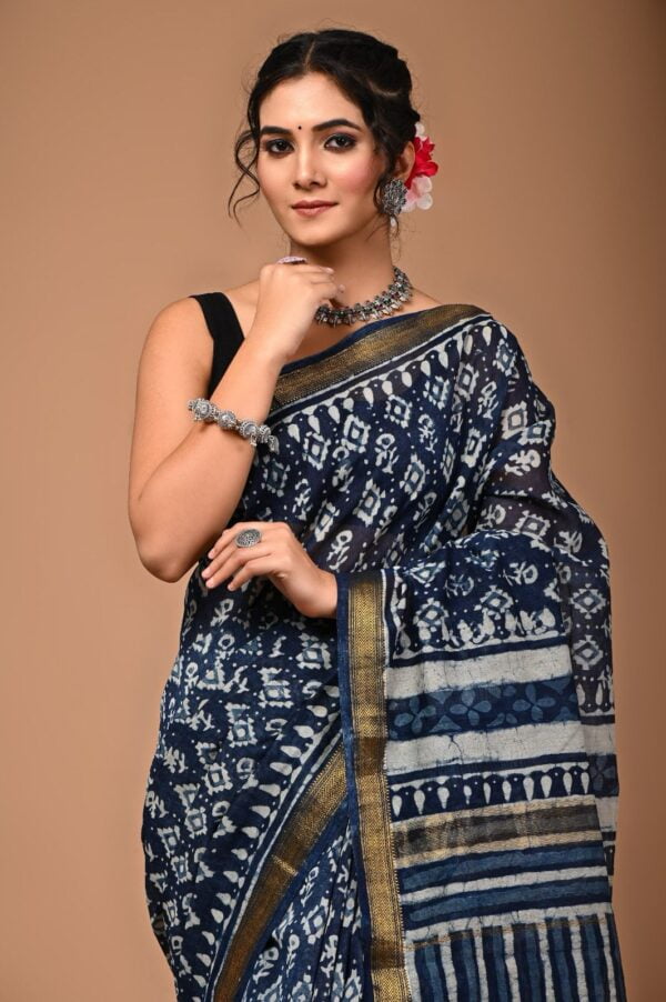 Hand Block Printed Pure Maheshwari Border Silk Saree - Image 2
