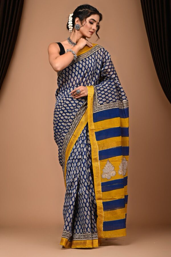 Hand Block Printed Pure Maheshwari Border Silk Saree - Image 9