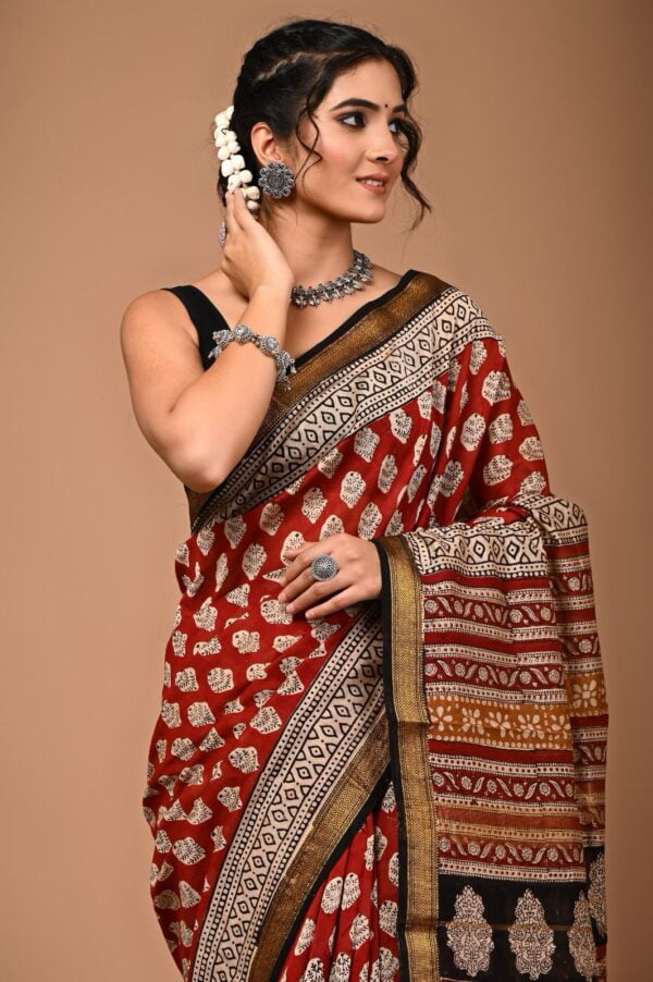 Hand Block Printed Pure Maheshwari Border Silk Saree
