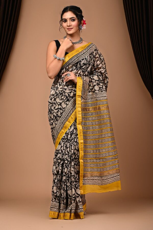 Hand Block Printed Pure Maheshwari Border Silk Saree - Image 6