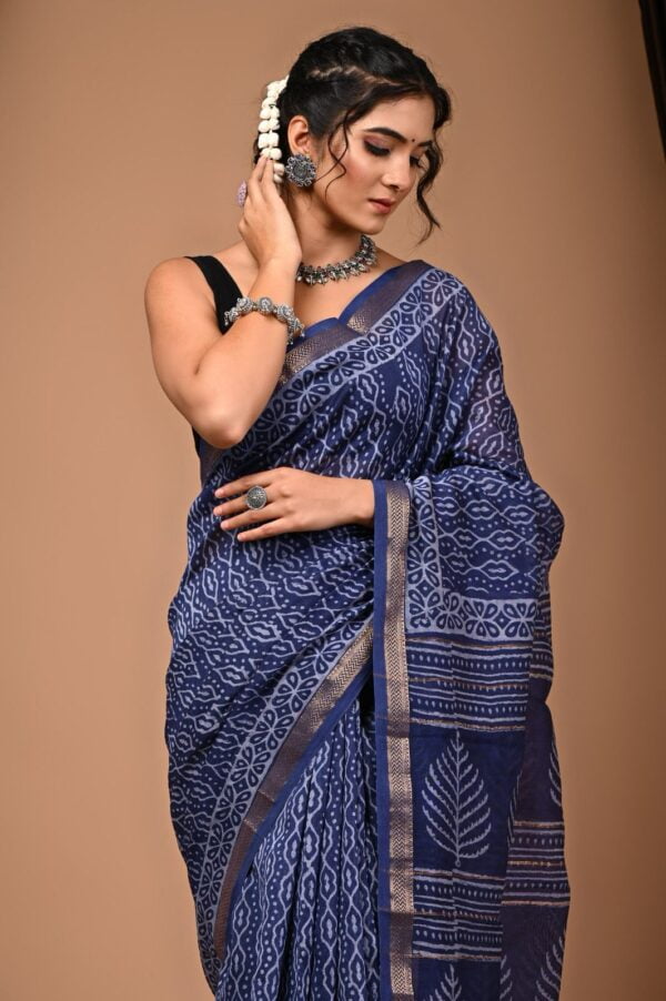 Hand Block Printed Pure Maheshwari Border Silk Saree - Image 5