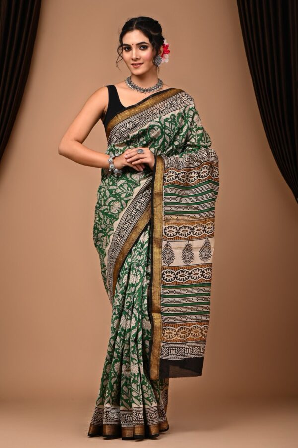 Hand Block Printed Pure Maheshwari Border Silk Saree - Image 4
