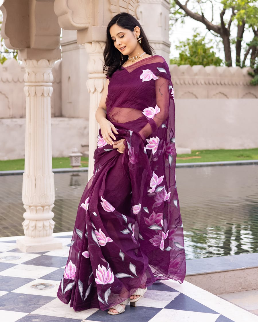 Hand painted Organza Saree