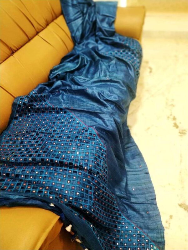 Pure Tussar Ghicha silk Saree with Embroidery Cutwork Design.