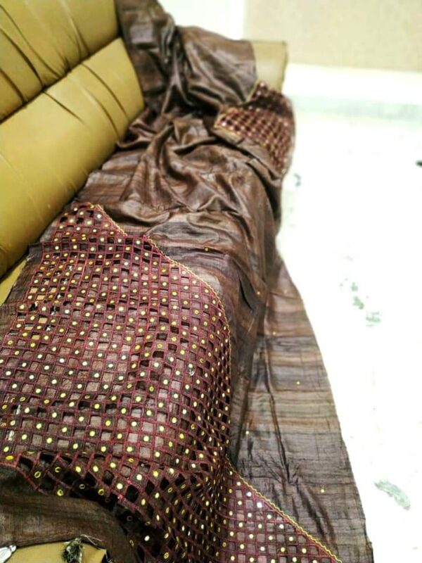 Pure Tussar Ghicha silk Saree with Embroidery Cutwork Design. - Image 2