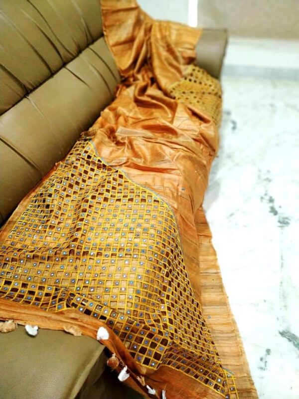 Pure Tussar Ghicha silk Saree with Embroidery Cutwork Design. - Image 5