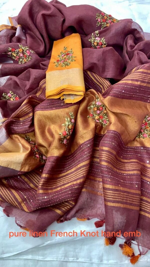 Pure 100% 120 count Aditya Birla Linen saree with Hand Embroidery work - Image 2