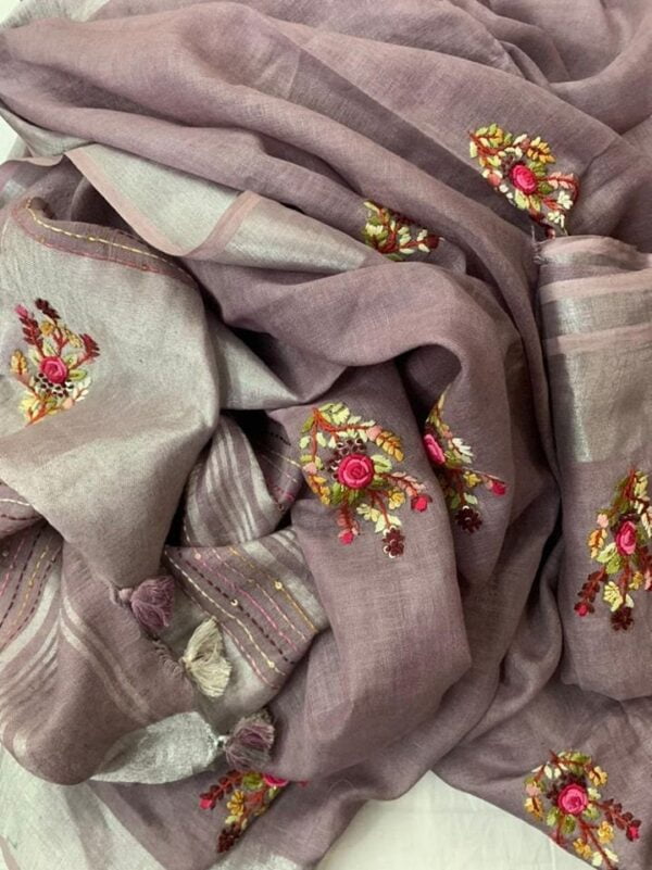 Pure 100% 120 count Aditya Birla Linen saree with Hand Embroidery work - Image 4