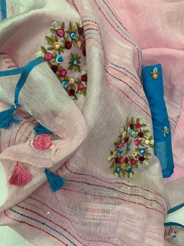 Pure 100% 120 count Aditya Birla Linen saree with Hand Embroidery work - Image 3