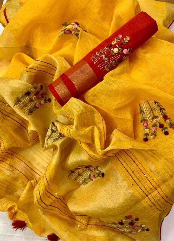 Pure 100% 120 count Aditya Birla Linen saree with Hand Embroidery work - Image 5