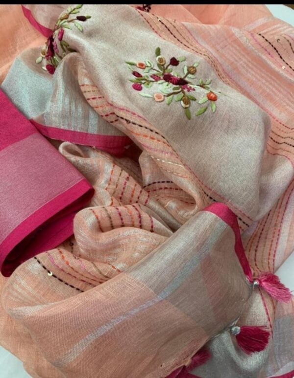 Pure 100% 120 count Aditya Birla Linen saree with Hand Embroidery work - Image 8