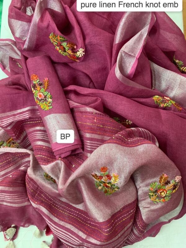 Pure 100% 120 count Aditya Birla Linen saree with Hand Embroidery work - Image 7