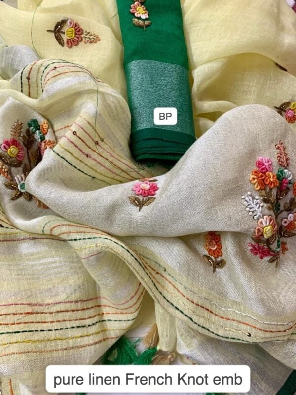 Pure 100% 120 count Aditya Birla Linen saree with Hand Embroidery work - Image 9