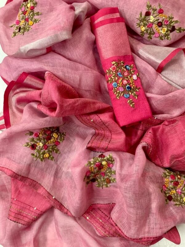 Pure 100% 120 count Aditya Birla Linen saree with Hand Embroidery work - Image 10