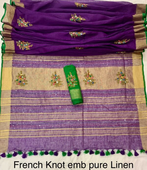 Pure 100% 120 count Aditya Birla Linen saree with Hand Embroidery work - Image 11
