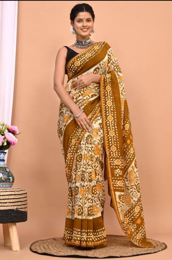 Hand block Printed Cotton Chanderi Silk Saree.