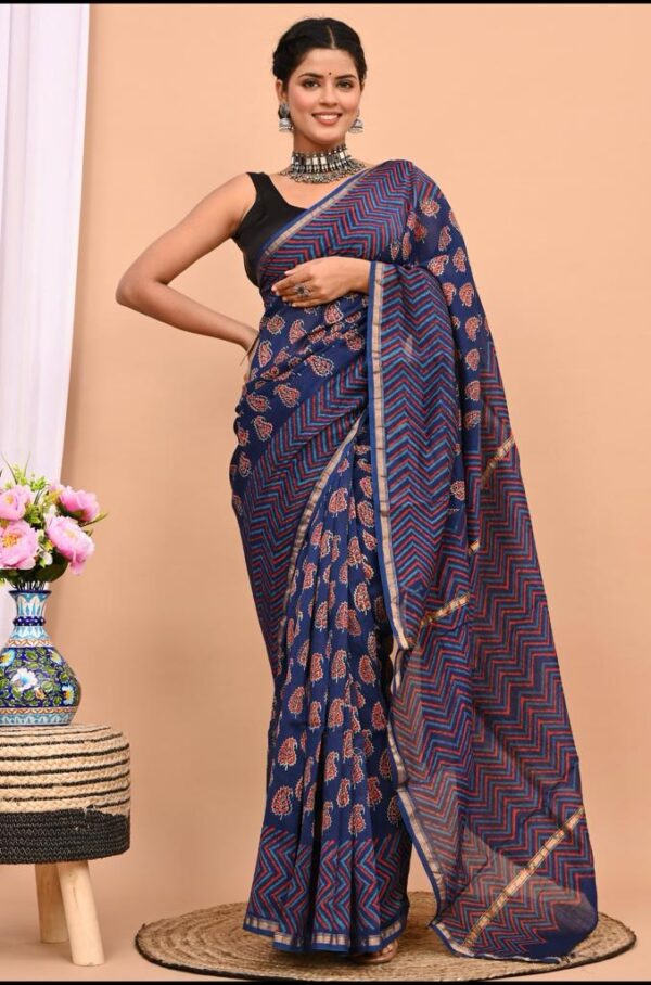 Hand block Printed Cotton Chanderi Silk Saree. - Image 3