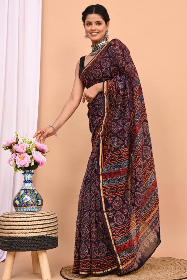Hand block Printed Cotton Chanderi Silk Saree. - Image 4