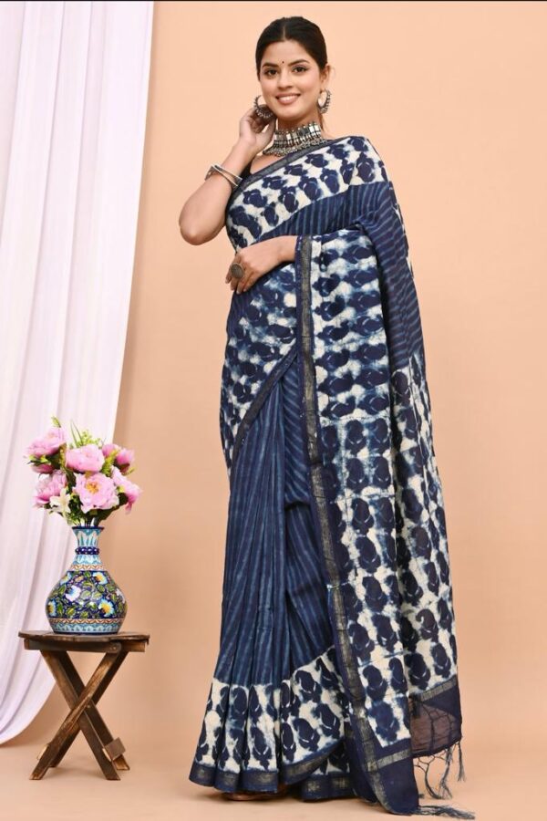 Hand block Printed Cotton Chanderi Silk Saree. - Image 2