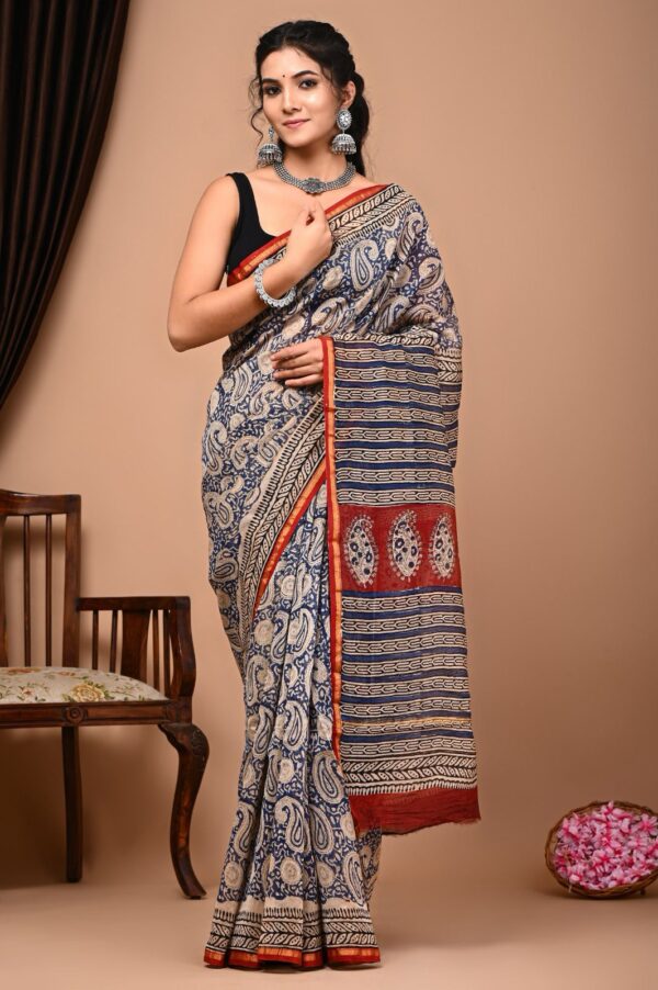 Hand block Printed Cotton Chanderi Silk Saree. - Image 5