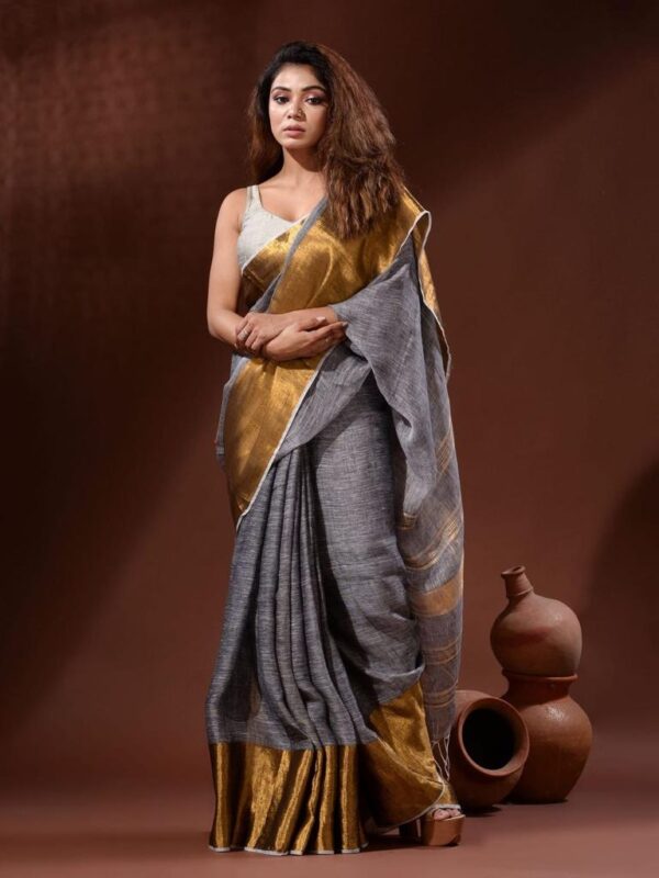 Handwoven pure Linen Saree with Golden Moha par Border - Image 2