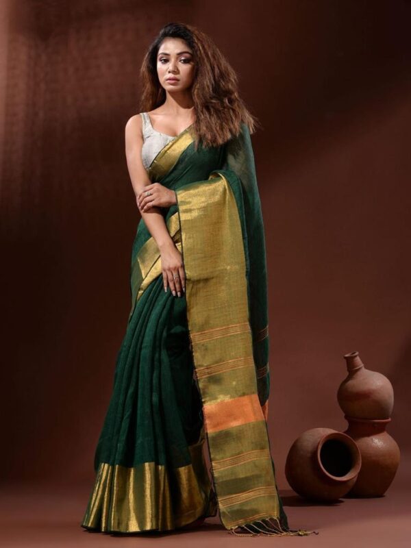 Handwoven pure Linen Saree with Golden Moha par Border - Image 5