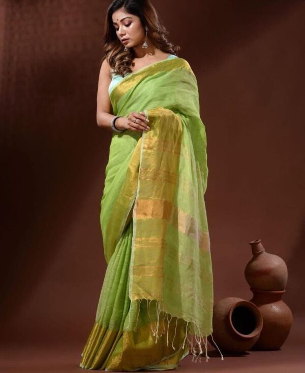 Handwoven pure Linen Saree with Golden Moha par Border - Image 4
