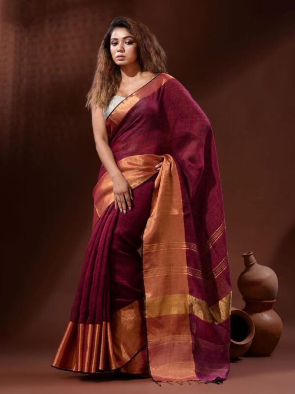 Handwoven pure Linen Saree with Golden Moha par Border - Image 6