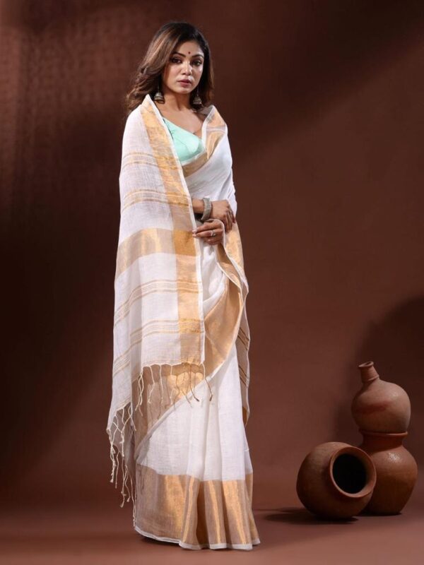 Handwoven pure Linen Saree with Golden Moha par Border - Image 8