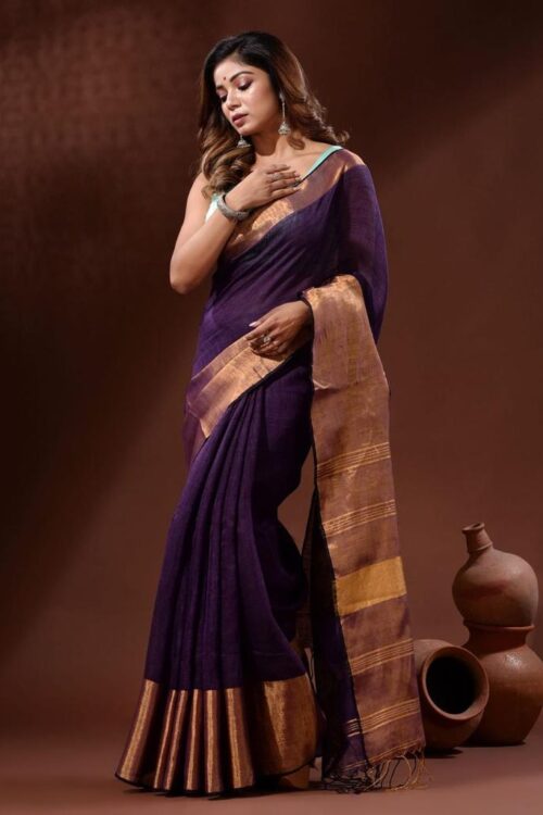 Handwoven pure Linen Saree with Golden Moha par Border