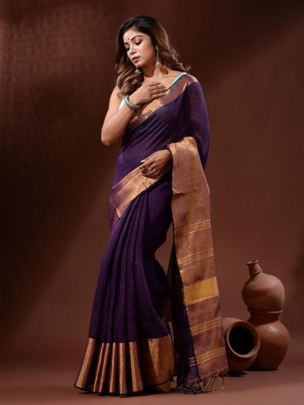 Handwoven pure Linen Saree with Golden Moha par Border