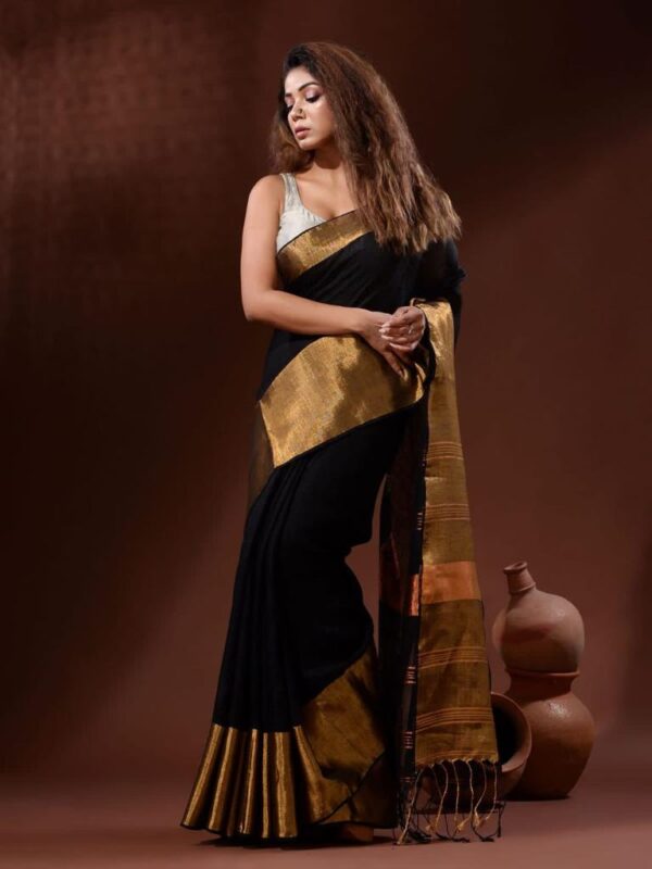 Handwoven pure Linen Saree with Golden Moha par Border - Image 7
