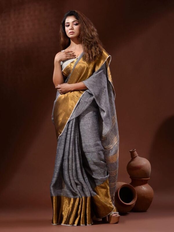 Handwoven pure Linen Saree with Golden Moha par Border - Image 10
