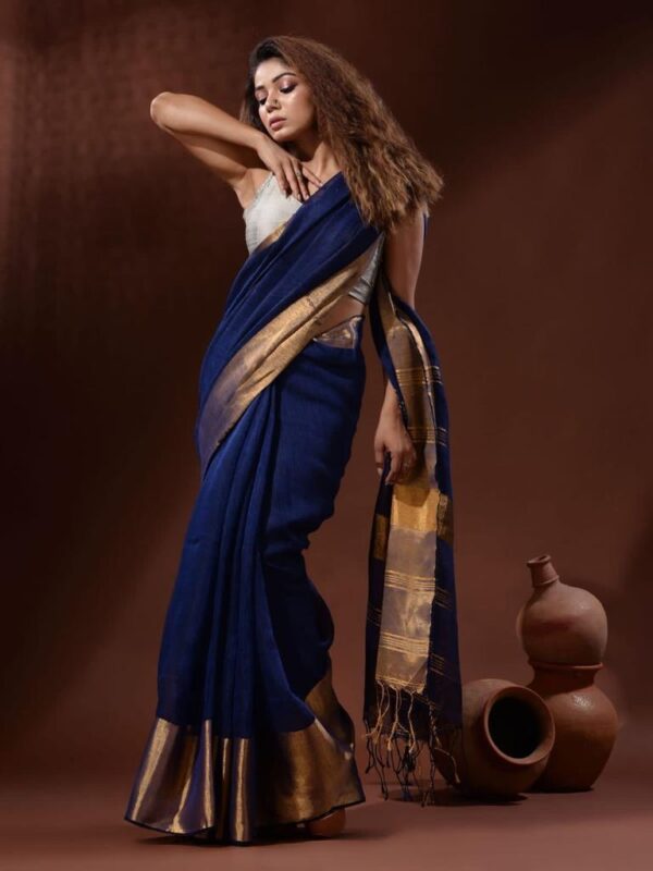 Handwoven pure Linen Saree with Golden Moha par Border - Image 11