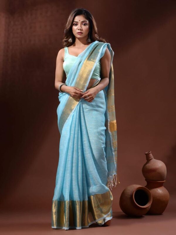 Handwoven pure Linen Saree with Golden Moha par Border - Image 9