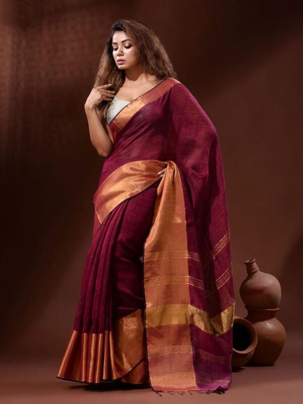 Handwoven pure Linen Saree with Golden Moha par Border - Image 13