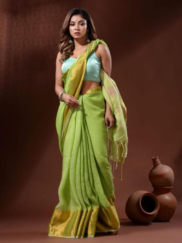 Handwoven pure Linen Saree with Golden Moha par Border - Image 12