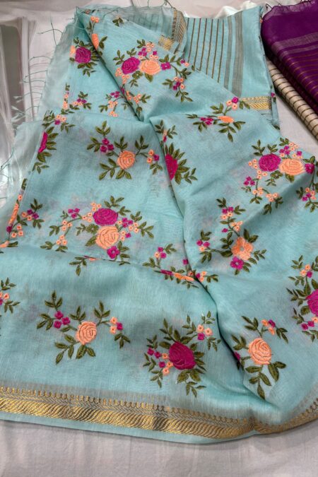  Banarasi  Linen Silk Saree with machine Embroidery Work