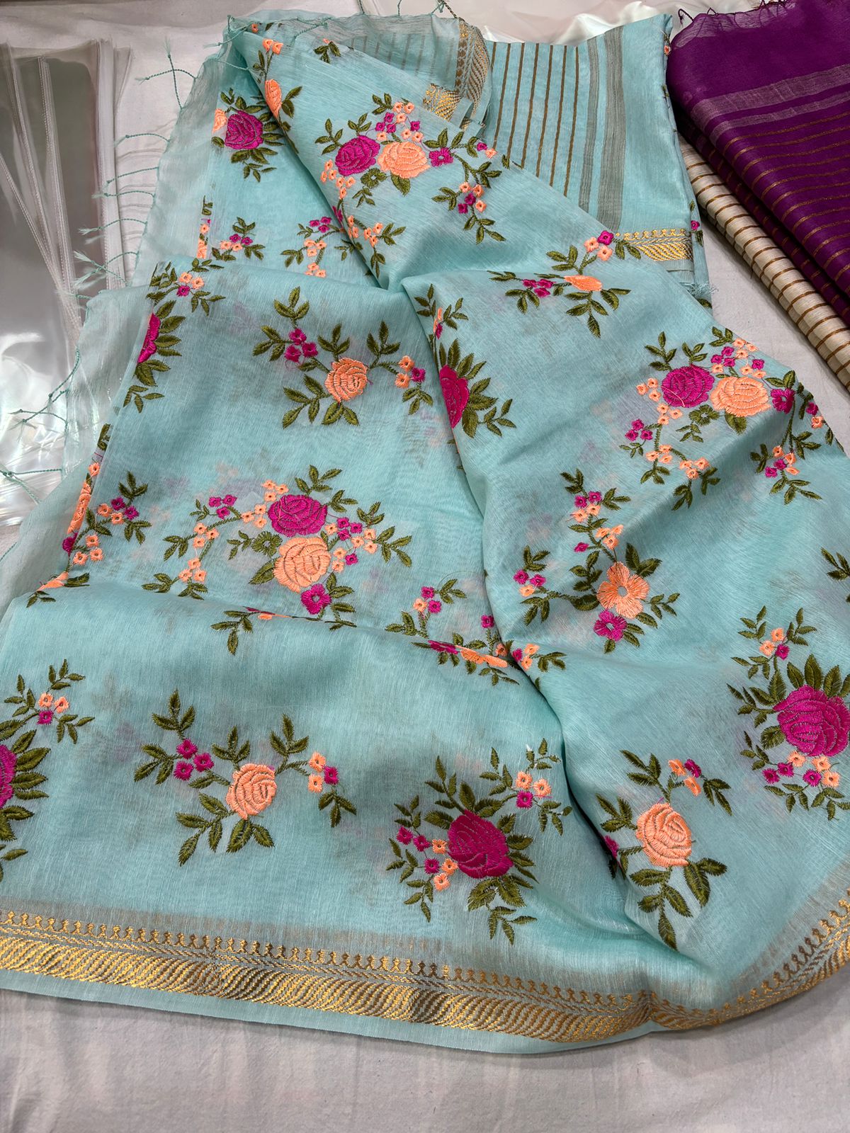  Banarasi  Linen Silk Saree with machine Embroidery Work