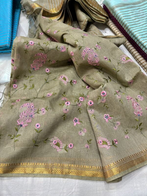  Banarasi  Linen Silk Saree with machine Embroidery Work - Image 3